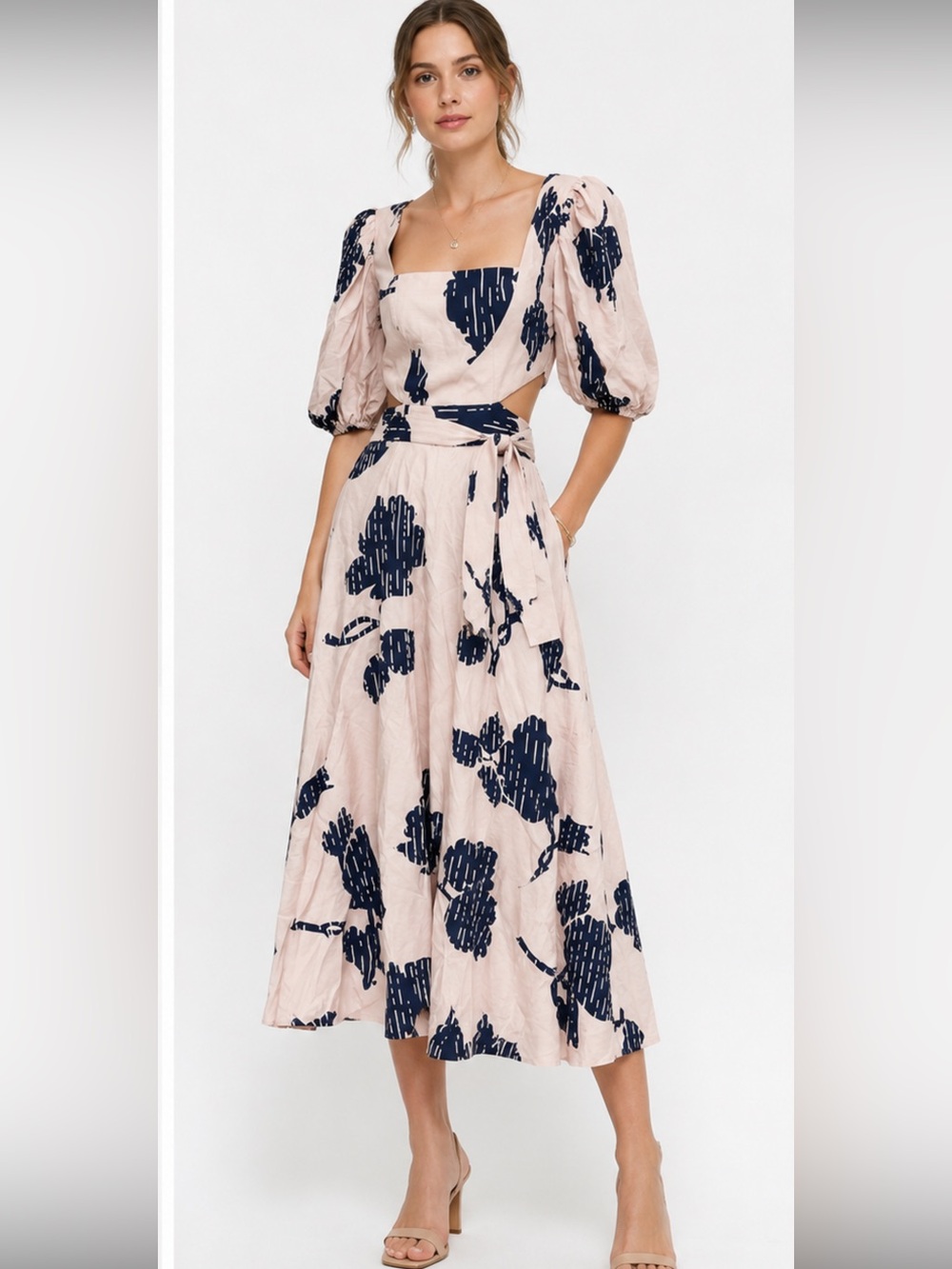 KEEPSAKE the Label Blush and Navy Floral Midi Dress